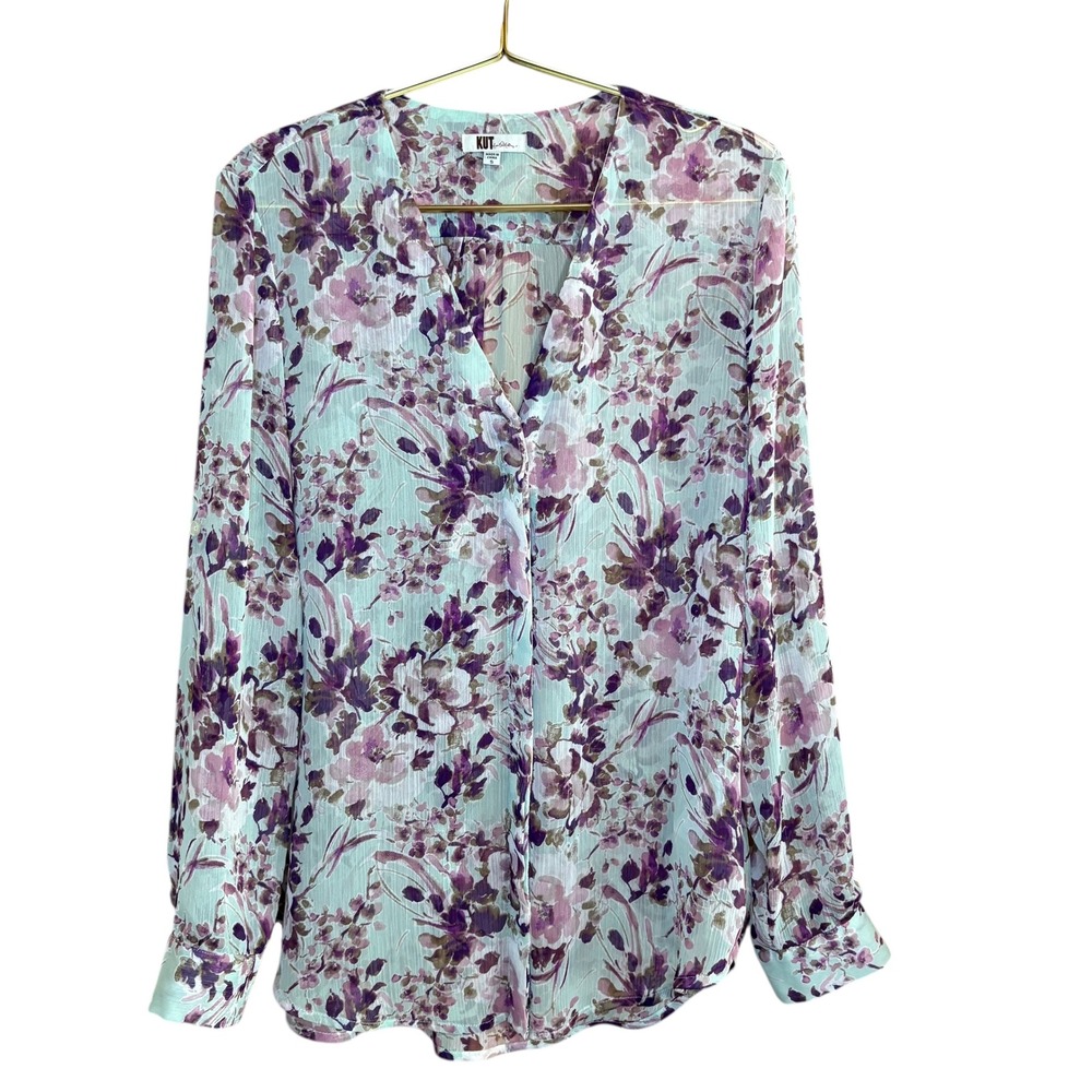 KUT from the Kloth‎ Floral Print Sheer Blouse Womens Long Sleeve V Neck  Small